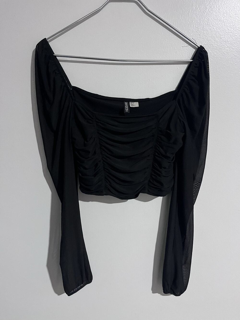 H&M Blouse Womens M Black Cropped Square Neck Pleated Mesh Lined Stretch